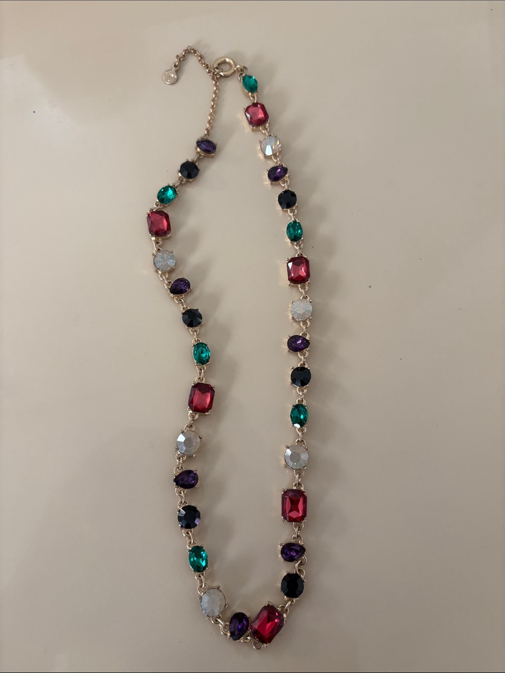 Multi-Stone Goldtone Necklace with Red, Green, Purple, Black and White Stones